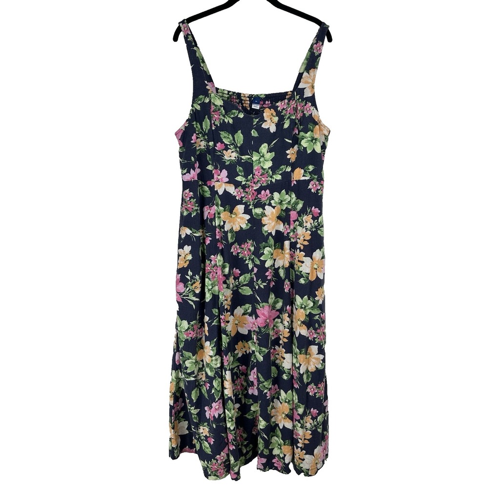 Old Navy Midi Dress Size XL Blue Floral Linen Blend Derby Graduation Resort